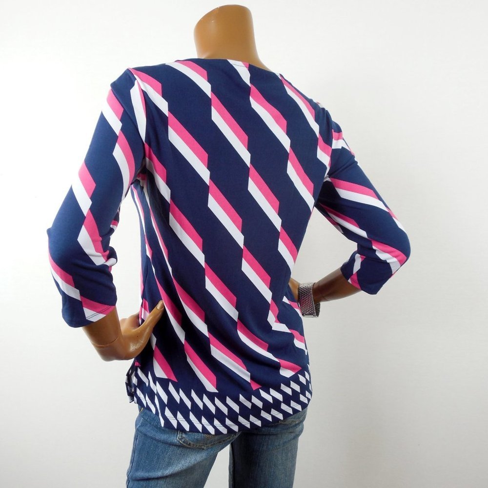 CHICO'S Top S Sz 0 Navy/Pink Stretch Blouse Lightweight 3/4 Sleeve Shirt - Picture 6 of 9